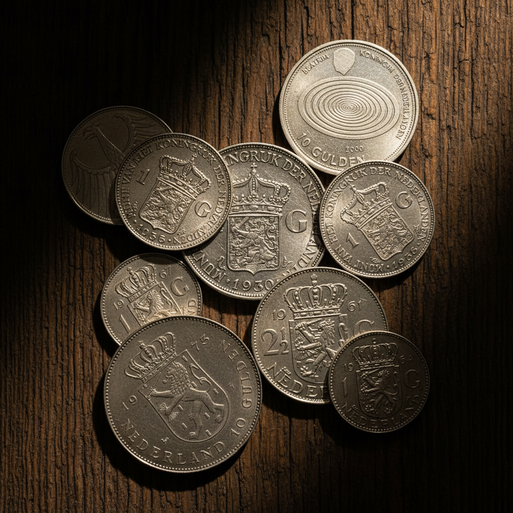 Gulden munten op verweerd hout